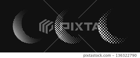 Set of crescent moon silhouettes with dotted gradient texture isolated on black background. Semi circle forms with noise, grain or pixel effect. C-shaped design elements. Vector graphic illustration Set of crescent moon silhouettes with dotted gradient texture isolated on black background. Semi circle forms with noise, grain or pixel effect. C-shaped design elements. Vector graphic illustration 136322790