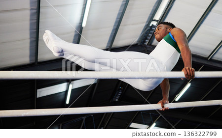 Strength, fitness and gymnast or male athlete with practicing for competition with african at gym. Gymnastics, sports and man with balance on beam for training with healthy body at arena or club. Strength, fitness and gymnast or male athlete with practicing for competition with african at gym. Gymnastics, sports and man with balance on beam for training with healthy body at arena or club. 136322799