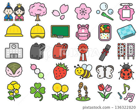 A set of various spring season icons (colored line drawings) 136322820