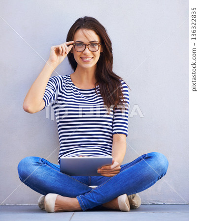 Happy, tablet and portrait of business woman for creative, social media or networking. Email, technology and internet with female employee on wall background for professional, communication or online Happy, tablet and portrait of business woman for creative, social media or networking. Email, technology and internet with female employee on wall background for professional, communication or online 136322835