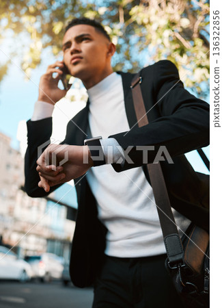Business man, phone call and city with a watch, travel and contact with connection, check time and schedule. Entrepreneur, appointment or employee with a smartphone, talking and commute with deadline Business man, phone call and city with a watch, travel and contact with connection, check time and schedule. Entrepreneur, appointment or employee with a smartphone, talking and commute with deadline 136322856