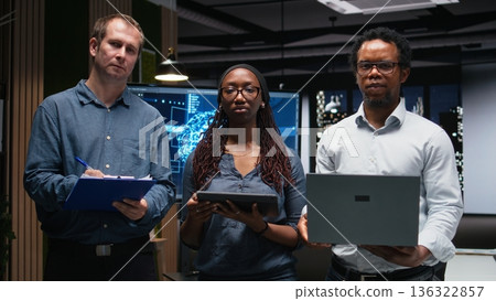 Portrait of engineering team automating mobile app development tasks using AI scripts. Teamworking colleagues leverage artificial intelligence to accelerate feature implementation Portrait of engineering team automating mobile app development tasks using AI scripts. Teamworking colleagues leverage artificial intelligence to accelerate feature implementation 136322857