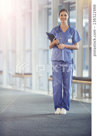 Female nurse, portrait and stethoscope with chart at the hospital for results or details for surgeon. Clipboard, nursing and healthcare at a medical centre with smile in the hallway with notes. Female nurse, portrait and stethoscope with chart at the hospital for results or details for surgeon. Clipboard, nursing and healthcare at a medical centre with smile in the hallway with notes. 136322866