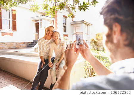 House, happy family and outdoor phone picture of child, mother or people with father taking digital photo. Love, photography and bonding mom, dad and kid relax, smile and post to social media 136322893