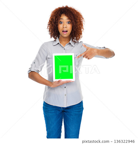 Woman, point and green screen tablet in studio for social media app, review and mockup by white background. Isolated african lady, model and touchscreen for web design job, space and surprise face Woman, point and green screen tablet in studio for social media app, review and mockup by white background. Isolated african lady, model and touchscreen for web design job, space and surprise face 136322946