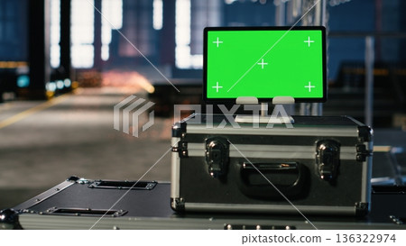 Isolated mockup tablet in empty industrial plant with machinery, fabrication zones and steel components framed by modern infrastructure. Technology integration and design potential. 136322974