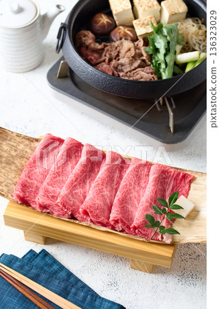 Thinly sliced domestic Wagyu beef shoulder loin for sukiyaki Thinly sliced domestic Wagyu beef shoulder loin for sukiyaki 136323029