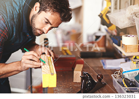 Carpenter, wood and drawing with man in workshop for building, manufacturing and creative. Planning, industry and woodworker with handyman measuring on workbench for builder, lumber and maintenance Carpenter, wood and drawing with man in workshop for building, manufacturing and creative. Planning, industry and woodworker with handyman measuring on workbench for builder, lumber and maintenance 136323031
