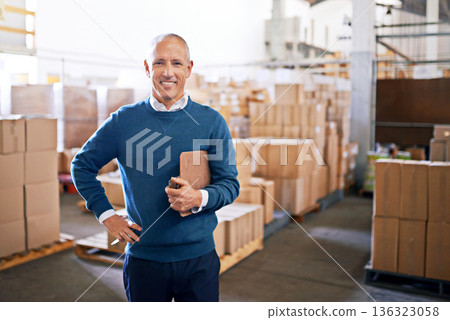 Checklist, happy and portrait of man in warehouse for cargo, storage and shipping. Distribution, ecommerce and logistics with employee in factory plant for supply chain, package or wholesale supplier Checklist, happy and portrait of man in warehouse for cargo, storage and shipping. Distribution, ecommerce and logistics with employee in factory plant for supply chain, package or wholesale supplier 136323058