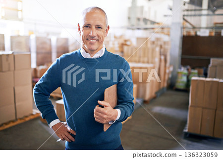 Checklist, manager and portrait of man in warehouse for cargo, storage and shipping. Delivery, ecommerce and logistics with employee in factory plant for supply chain, package or wholesale supplier Checklist, manager and portrait of man in warehouse for cargo, storage and shipping. Delivery, ecommerce and logistics with employee in factory plant for supply chain, package or wholesale supplier 136323059
