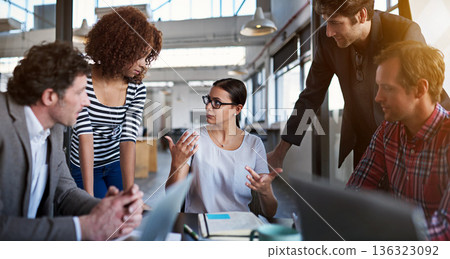 Business people, staff and group in a meeting, collaboration and partnership with a project or team. Coworkers, men and women share ideas, schedule and planning with support, solidarity and teamwork Business people, staff and group in a meeting, collaboration and partnership with a project or team. Coworkers, men and women share ideas, schedule and planning with support, solidarity and teamwork 136323092