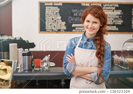 Portrait, woman and barista with arms crossed, coffee shop and startup success with skills. Face, female entrepreneur and employee with leadership, business development and profit growth in a cafe Portrait, woman and barista with arms crossed, coffee shop and startup success with skills. Face, female entrepreneur and employee with leadership, business development and profit growth in a cafe 136323104