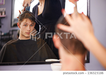 Hair studio mirror, hairstylist and salon man for hairstyle, grooming and cleaning in beauty spa. Hairdresser, service and studio people, customer or client for silky smooth, rich and texture haircut Hair studio mirror, hairstylist and salon man for hairstyle, grooming and cleaning in beauty spa. Hairdresser, service and studio people, customer or client for silky smooth, rich and texture haircut 136323186