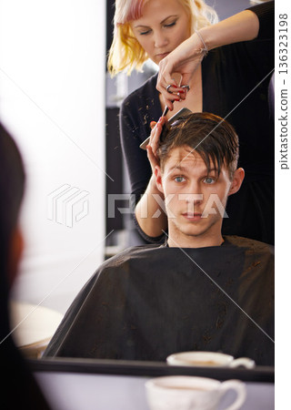 Hair studio, hairstylist and mirror reflection of man for hairstyle, grooming and cleaning in beauty spa salon. Hairdresser, service woman and studio people, customer or person for texture haircut 136323198