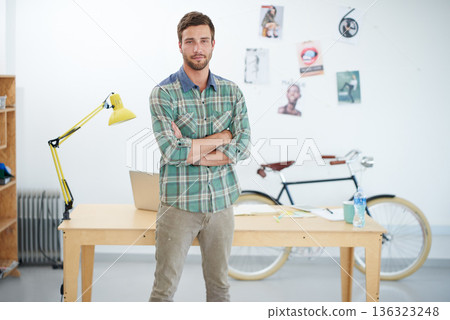 Business man, portrait and arms crossed at creative startup with smile, confidence and modern office. Confidence, success and career mindset, happy male professional with ambition at advertising firm 136323248