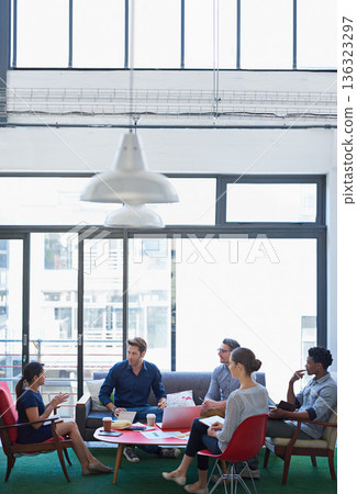 Brainstorming, group and staff in a meeting, planning and collaboration with teamwork, creative agency and discussion. Business people, men or women with teamwork, conversation or company development 136323297