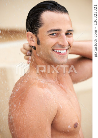 Man, shower and water drop with smile, portrait and bathroom for hygiene, self care and morning for skin routine. Young guy, body cleaning and healthy for skincare, wellness or happiness in apartment 136323321