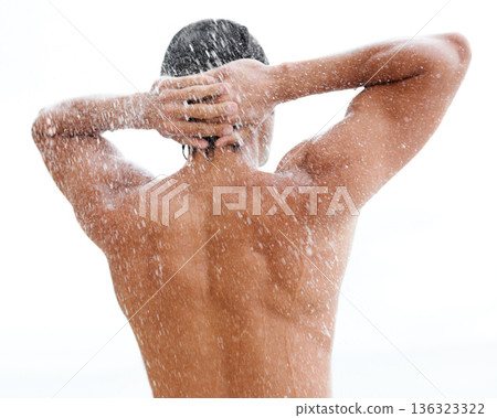 Man, shower and water drop with back, bathroom and hygiene for self care, morning or skin health routine in home. Young guy, body and cleaning with healthy skincare, wellness and beauty in apartment Man, shower and water drop with back, bathroom and hygiene for self care, morning or skin health routine in home. Young guy, body and cleaning with healthy skincare, wellness and beauty in apartment 136323322