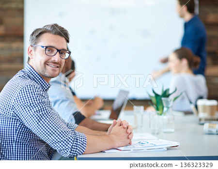 Project meeting, employee portrait and happy man listen CEO presentation, sales pitch or investment ideas. Collaboration, strategy and office businessman, client or team work on group financial plan Project meeting, employee portrait and happy man listen CEO presentation, sales pitch or investment ideas. Collaboration, strategy and office businessman, client or team work on group financial plan 136323329