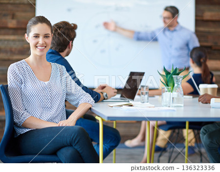Happy business meeting, portrait and office woman listening to speaker presentation, report or training workshop. Cooperation, teamwork and corporate people, group or team work on project planning Happy business meeting, portrait and office woman listening to speaker presentation, report or training workshop. Cooperation, teamwork and corporate people, group or team work on project planning 136323336