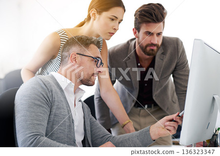 Business people, collaboration and creative designers on computer working on project. Teamwork, cooperation and graphic design team planning, brainstorming and meeting of startup group in company. 136323347