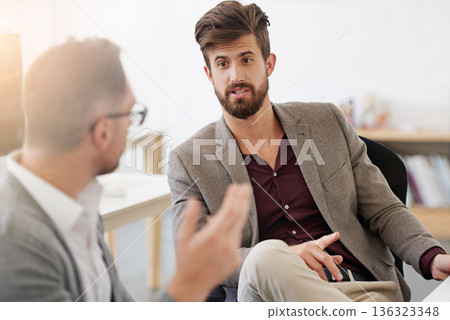 Business, men and staff in a meeting, brainstorming and planning with ideas, opinion and project. Male people, coworkers or consultant with partnership, cooperation and collaboration for development 136323348