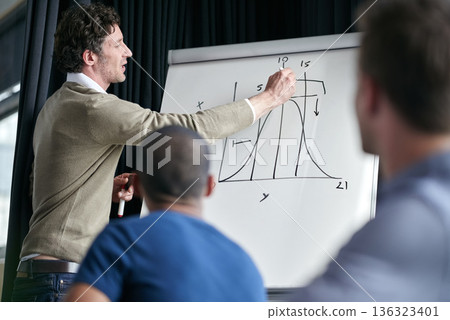 Man, presentation and writing on chart, board and group of business people at financial workshop. Presenter, ceo and pen for graph, coaching or brainstorming for finance, stock and progress at job 136323401