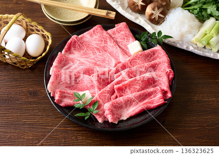 Thinly sliced domestic Wagyu beef shoulder loin for sukiyaki 136323625
