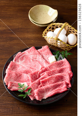 Thinly sliced domestic Wagyu beef shoulder loin for sukiyaki Thinly sliced domestic Wagyu beef shoulder loin for sukiyaki 136323628