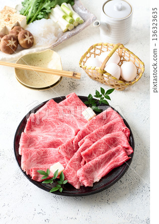 Thinly sliced domestic Wagyu beef shoulder loin for sukiyaki Thinly sliced domestic Wagyu beef shoulder loin for sukiyaki 136323635
