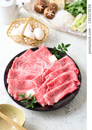Thinly sliced domestic Wagyu beef shoulder loin for sukiyaki Thinly sliced domestic Wagyu beef shoulder loin for sukiyaki 136323636