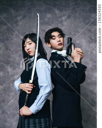 Portrait of male and female students in uniform 136324593