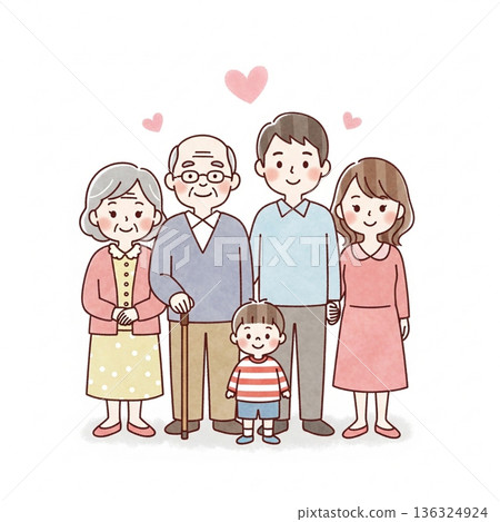 一幅溫馨的插圖,描繪了三代同堂一家人依偎在一起的溫馨畫面 | 祖父母、父母和孩子 一幅溫馨的插圖,描繪了三代同堂一家人依偎在一起的溫馨畫面 | 祖父母、父母和孩子 136324924