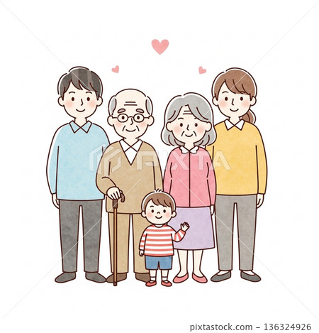 一幅溫馨的插圖，描繪了三代同堂一家人依偎在一起的溫馨畫面 | 祖父母、父母和孩子 136324926