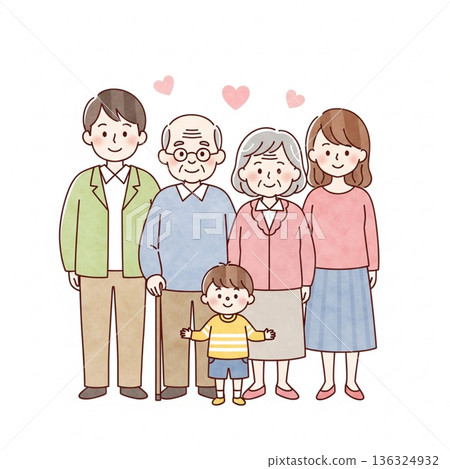 A warm illustration of a three-generation family huddled together | Grandparents, parents, and children A warm illustration of a three-generation family huddled together | Grandparents, parents, and children 136324932