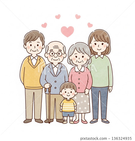 一幅溫馨的插圖，描繪了三代同堂一家人依偎在一起的溫馨畫面 | 祖父母、父母和孩子 136324935
