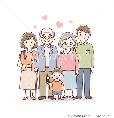 一幅溫馨的插圖,描繪了三代同堂一家人依偎在一起的溫馨畫面 | 祖父母、父母和孩子 一幅溫馨的插圖,描繪了三代同堂一家人依偎在一起的溫馨畫面 | 祖父母、父母和孩子 136324939