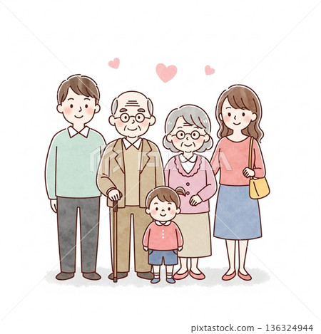 一幅溫馨的插圖，描繪了三代同堂一家人依偎在一起的溫馨畫面 | 祖父母、父母和孩子 136324944