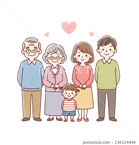A warm illustration of a three-generation family huddled together | Grandparents, parents, and children 136324946