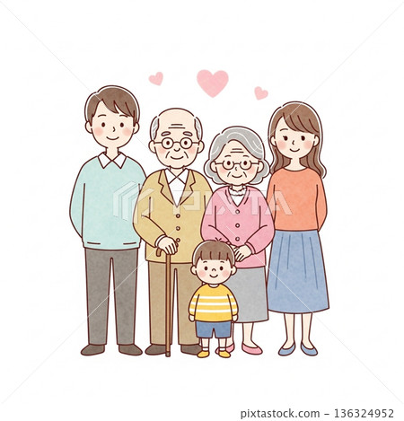一幅溫馨的插圖,描繪了三代同堂一家人依偎在一起的溫馨畫面 | 祖父母、父母和孩子 一幅溫馨的插圖,描繪了三代同堂一家人依偎在一起的溫馨畫面 | 祖父母、父母和孩子 136324952