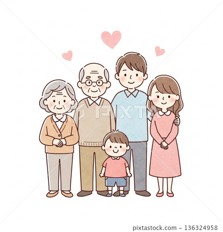 A warm illustration of a three-generation family huddled together | Grandparents, parents, and children A warm illustration of a three-generation family huddled together | Grandparents, parents, and children 136324958