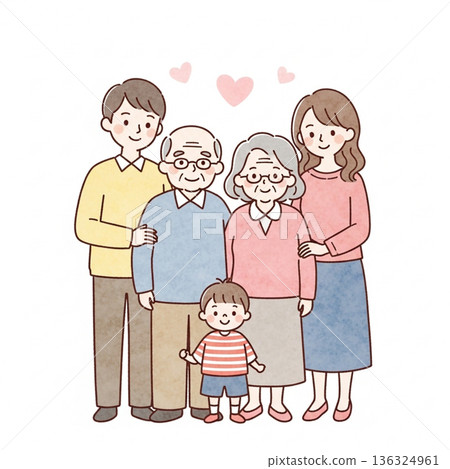 A warm illustration of a three-generation family huddled together | Grandparents, parents, and children 136324961