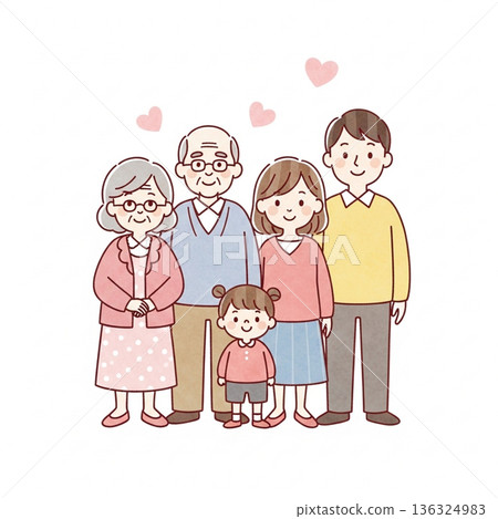 A warm illustration of a three-generation family huddled together | Grandparents, parents, and children A warm illustration of a three-generation family huddled together | Grandparents, parents, and children 136324983