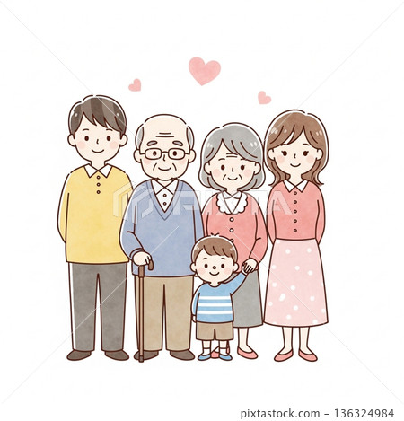 A warm illustration of a three-generation family huddled together | Grandparents, parents, and children A warm illustration of a three-generation family huddled together | Grandparents, parents, and children 136324984