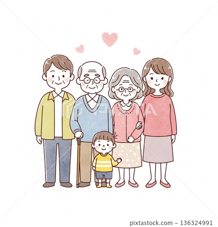 A warm illustration of a three-generation family huddled together | Grandparents, parents, and children A warm illustration of a three-generation family huddled together | Grandparents, parents, and children 136324991