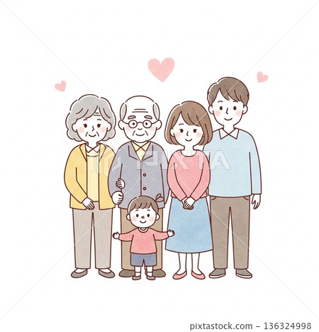 一幅溫馨的插圖,描繪了三代同堂一家人依偎在一起的溫馨畫面 | 祖父母、父母和孩子 一幅溫馨的插圖,描繪了三代同堂一家人依偎在一起的溫馨畫面 | 祖父母、父母和孩子 136324998