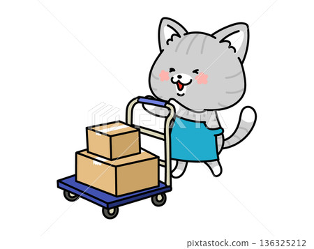 穿著圍裙的貓咪用手推車運載紙箱 136325212