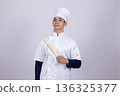 Chef holding wooden kitchen utensil with both hands 136325377