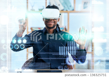 Virtual reality, VR hologram and business man review stock exchange statistics, augmented administration or AI software. UI overlay, future economy metaverse and male trader work on 3D trading data Virtual reality, VR hologram and business man review stock exchange statistics, augmented administration or AI software. UI overlay, future economy metaverse and male trader work on 3D trading data 136325731
