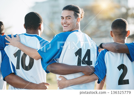 Start, teamwork or portrait of soccer player on field for training, challenge and championship game. Happy man, back or group of sports people in football stadium for solidarity, support or fitness Start, teamwork or portrait of soccer player on field for training, challenge and championship game. Happy man, back or group of sports people in football stadium for solidarity, support or fitness 136325779